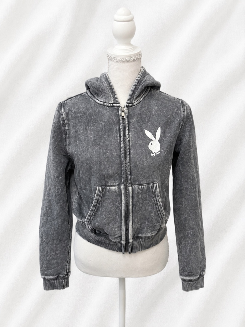 PLAYBOY Gray Washed Zip-Up Hoodie with White Bunny Logo